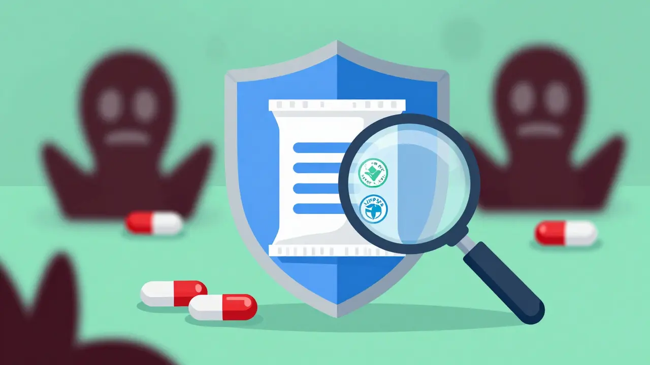 Shield protecting real meds from fake online pharmacies