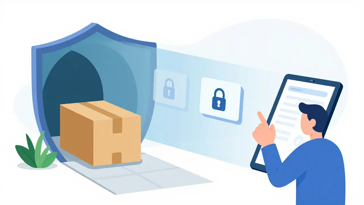 Cartoon showing secure online prescription delivery in a plain private package