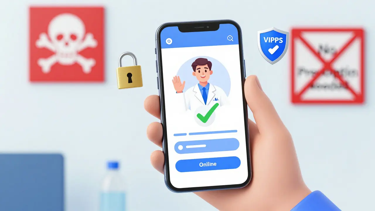 Cartoon showing secure telehealth video call for obtaining a valid prescription