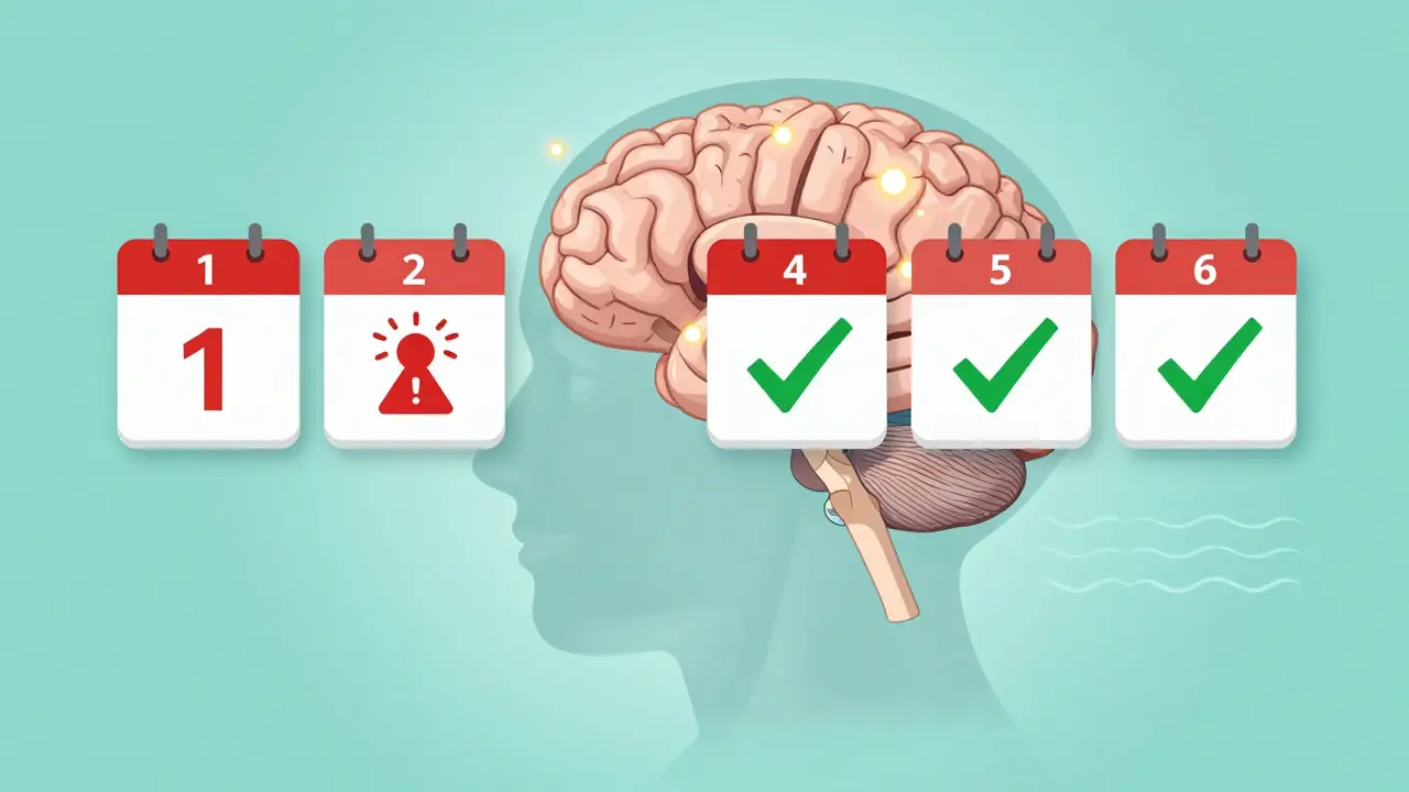 Conceptual art showing brain serotonin levels stabilizing over weeks