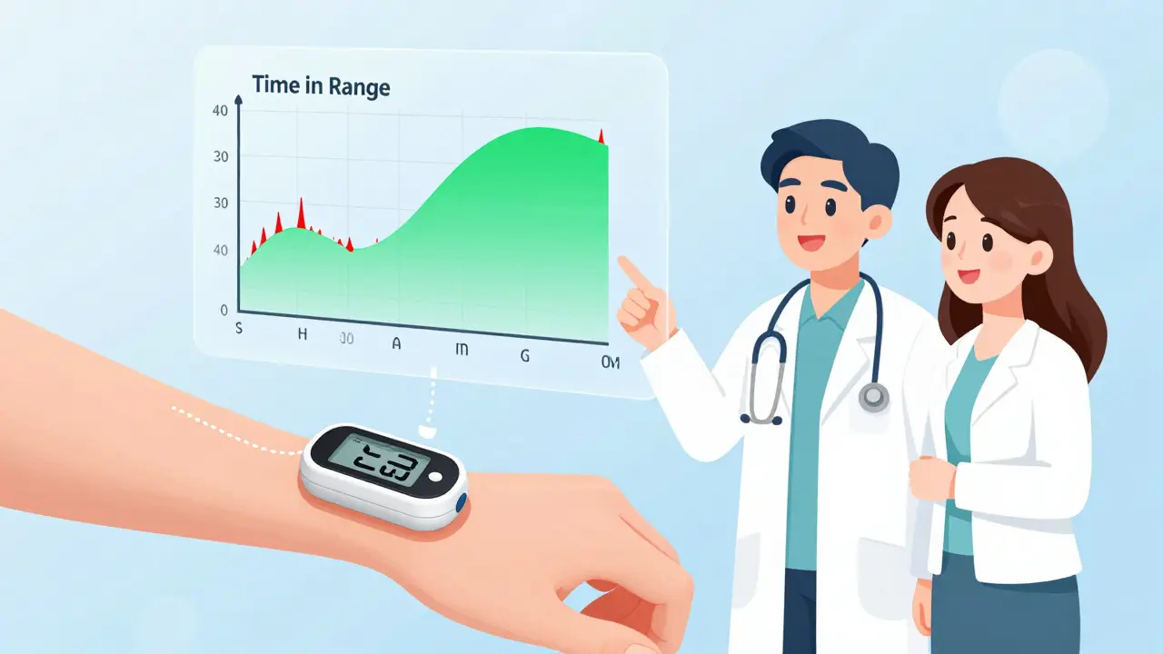 Doctor and patient reviewing CGM time-in-range data on a holographic chart.