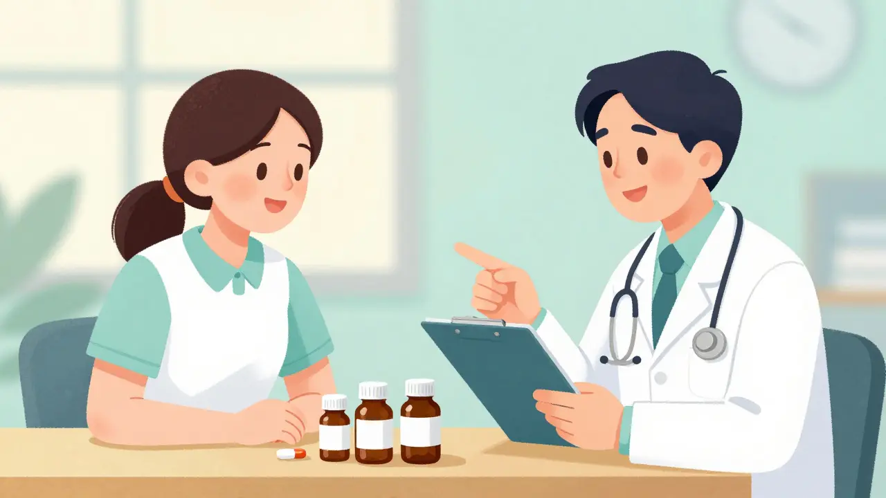 Doctor and patient reviewing pill bottles together in a clinic