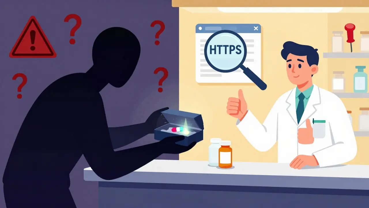 Editorial art contrasting dangerous counterfeit drugs with safe, verified pharmacy sources