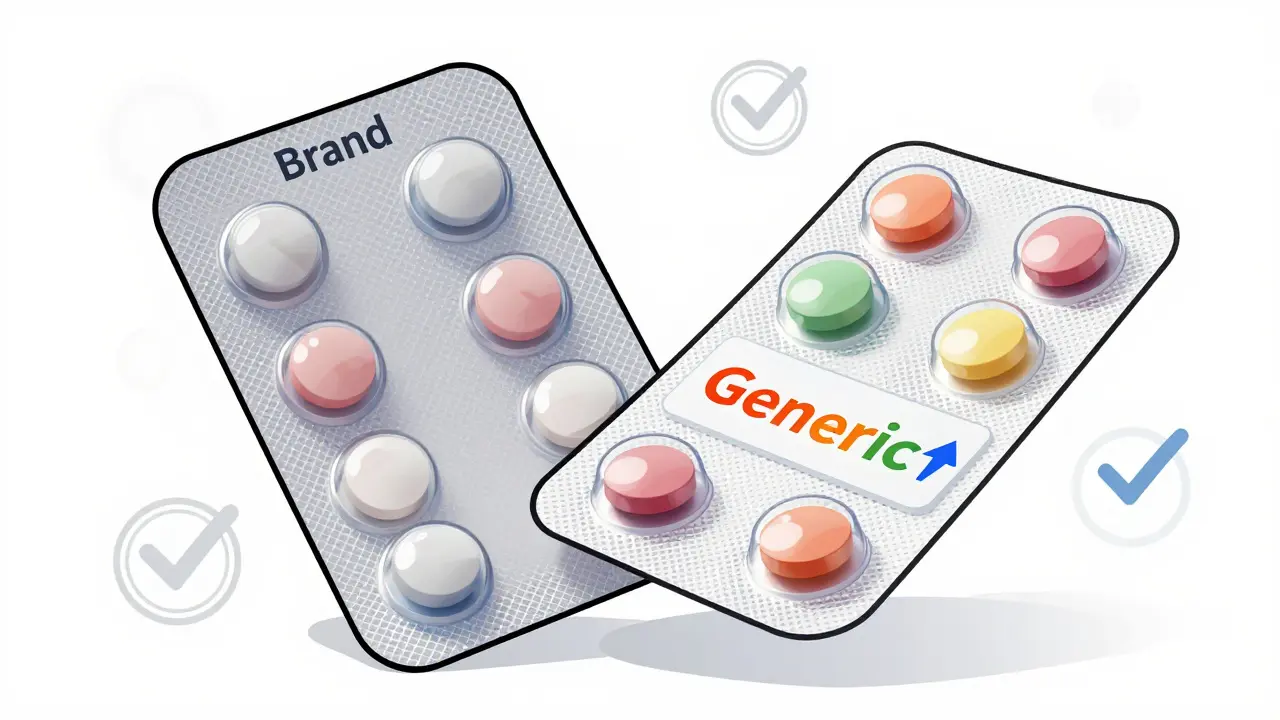 Illustration comparing expensive brand name pills with affordable generic alternatives