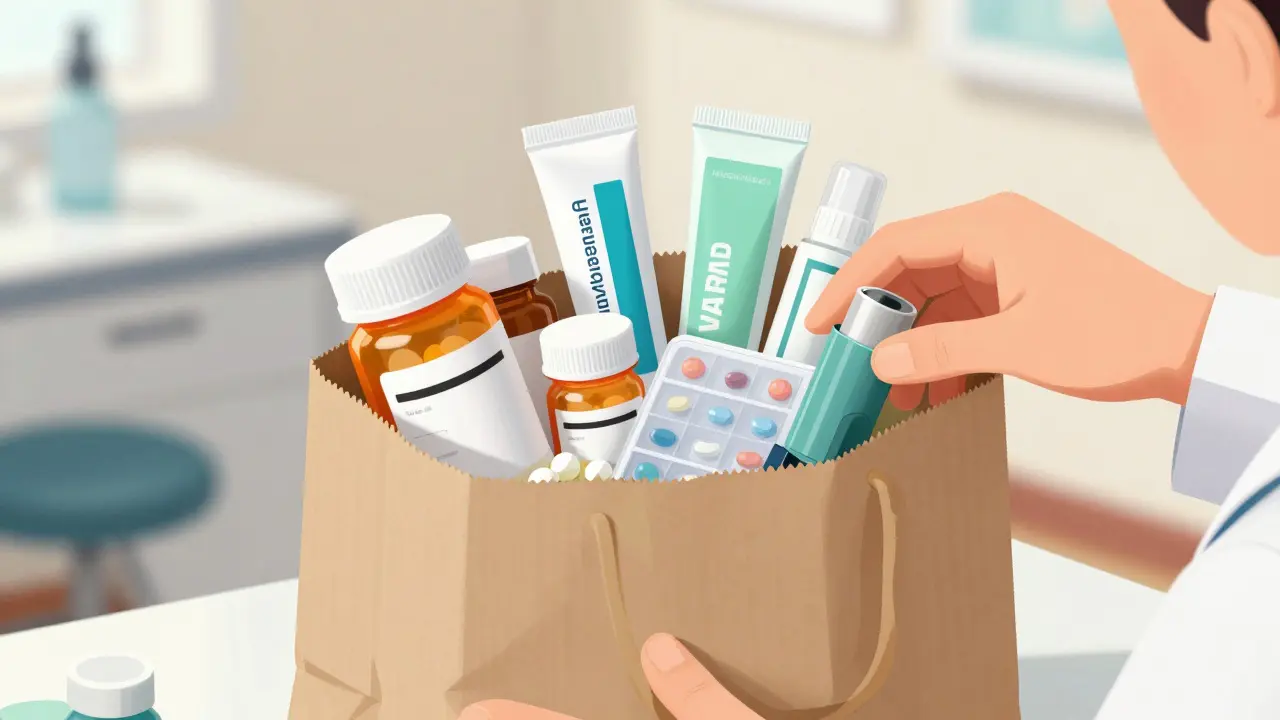 Illustration of a brown bag filled with various medications on a desk