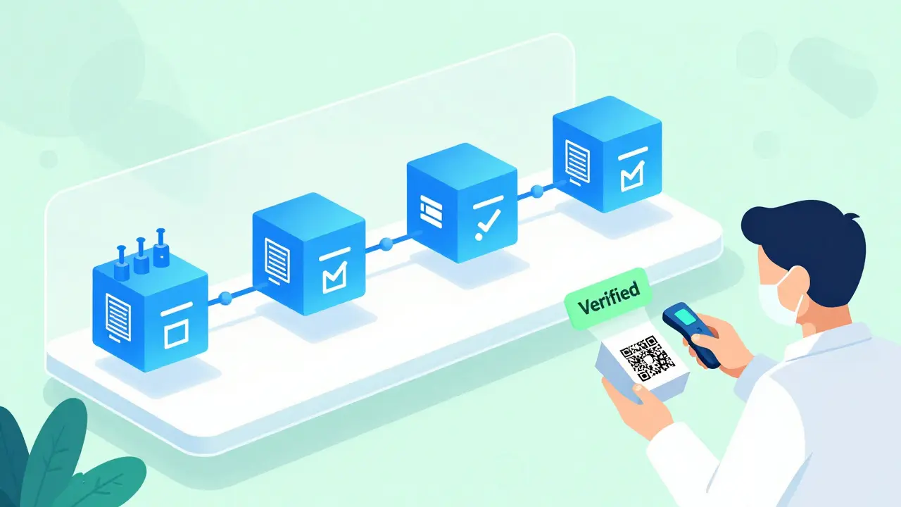 Illustration of a glowing blockchain ledger securing the pharmaceutical supply chain.