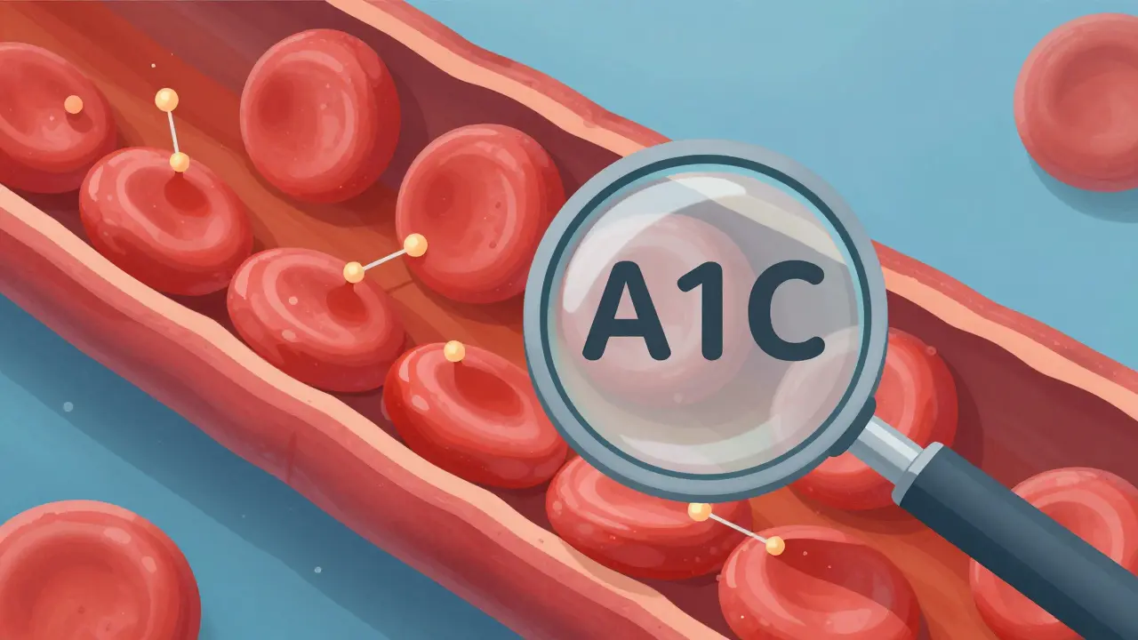 Illustration of glucose molecules binding to hemoglobin in red blood cells.