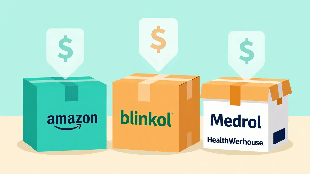 Illustration of three delivery boxes comparing online pharmacy prices