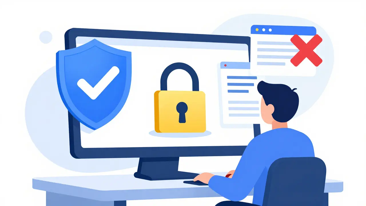 Illustration showing secure online pharmacy verification with shields and locks
