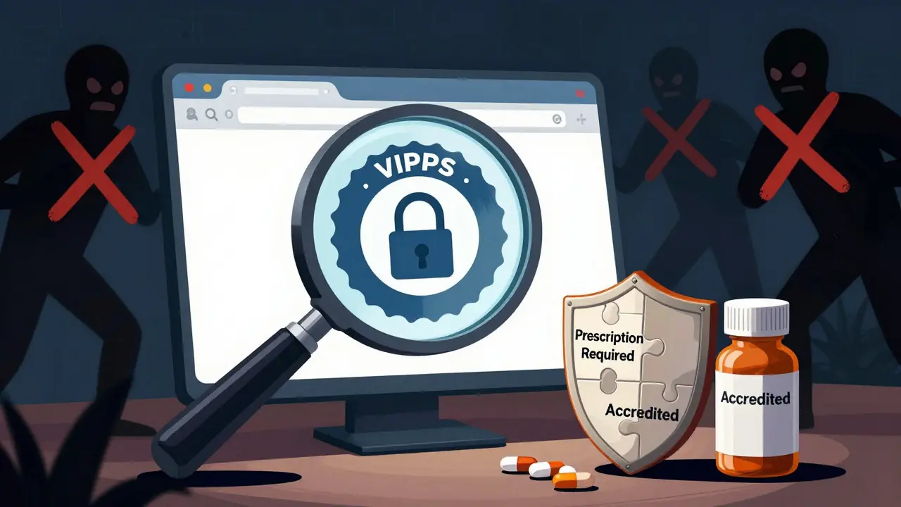 Magnifying glass checking VIPPS seal on safe online pharmacy site
