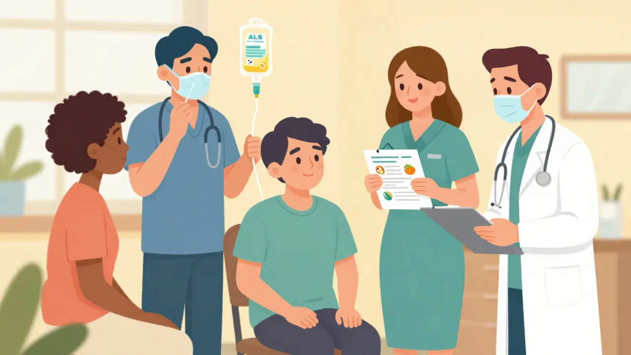 Multidisciplinary medical team supporting an ALS patient with nutrition and care