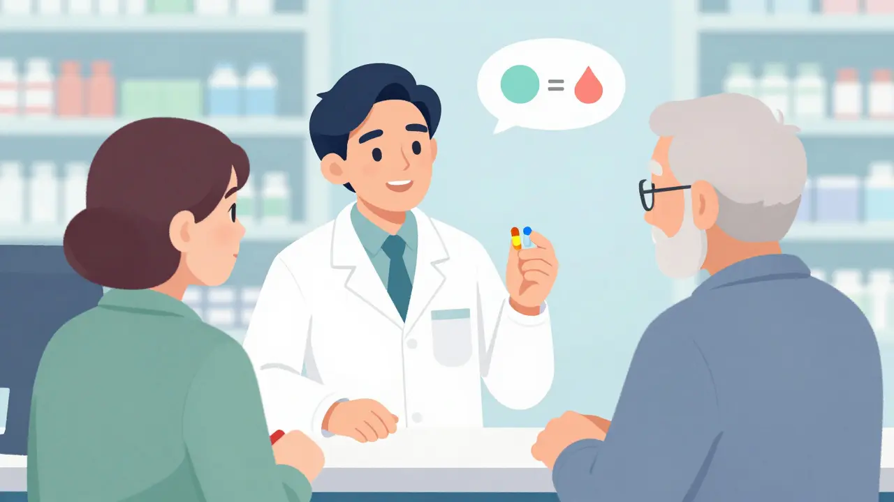 Pharmacist counseling an elderly patient about medication changes at the counter