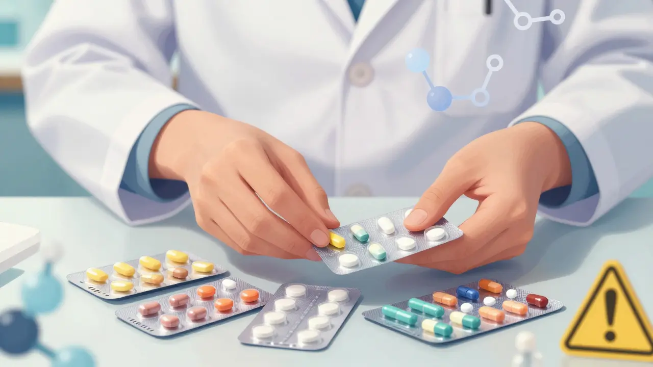 Pharmacist handling diverse pill packs representing complex drug substitution risks