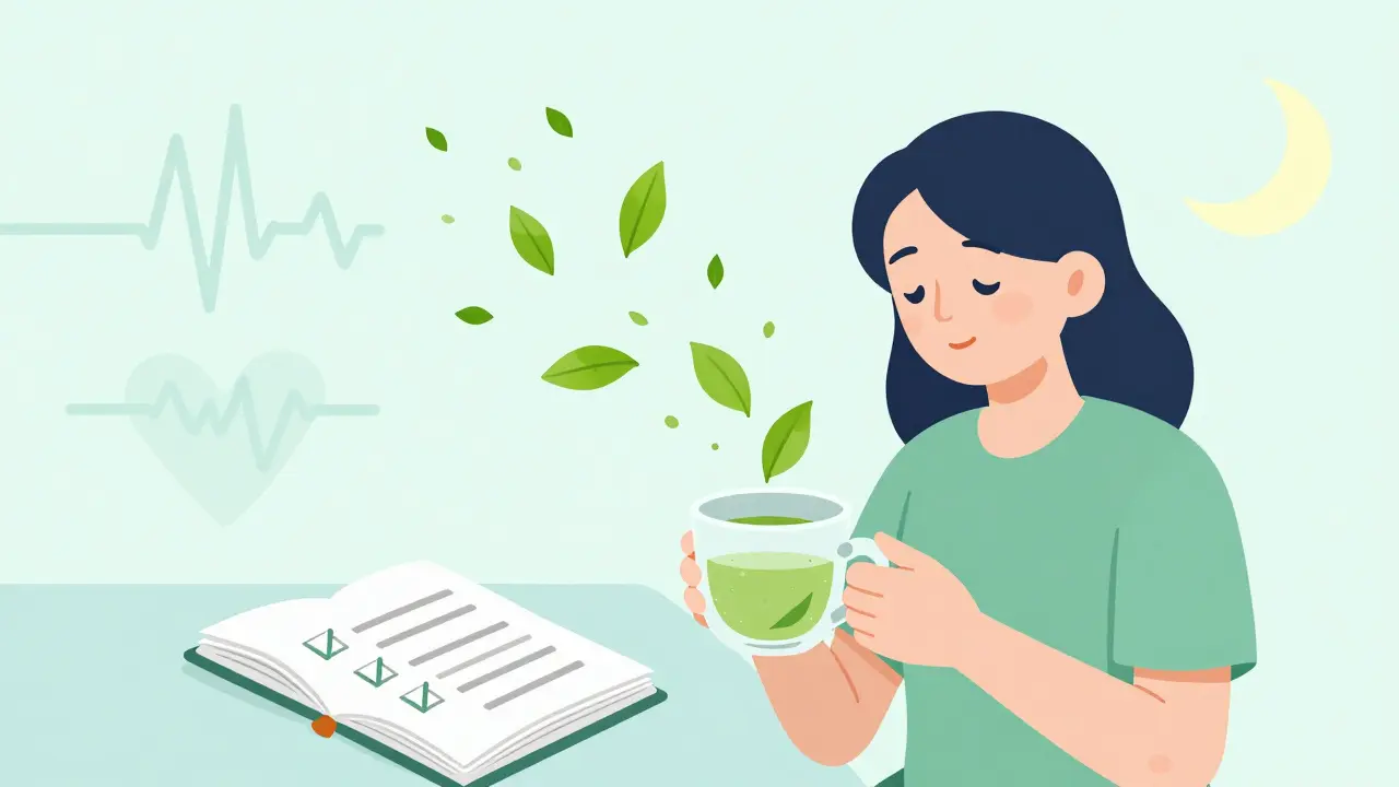 Calm figure drinking green tea with floating leaves and a journal.