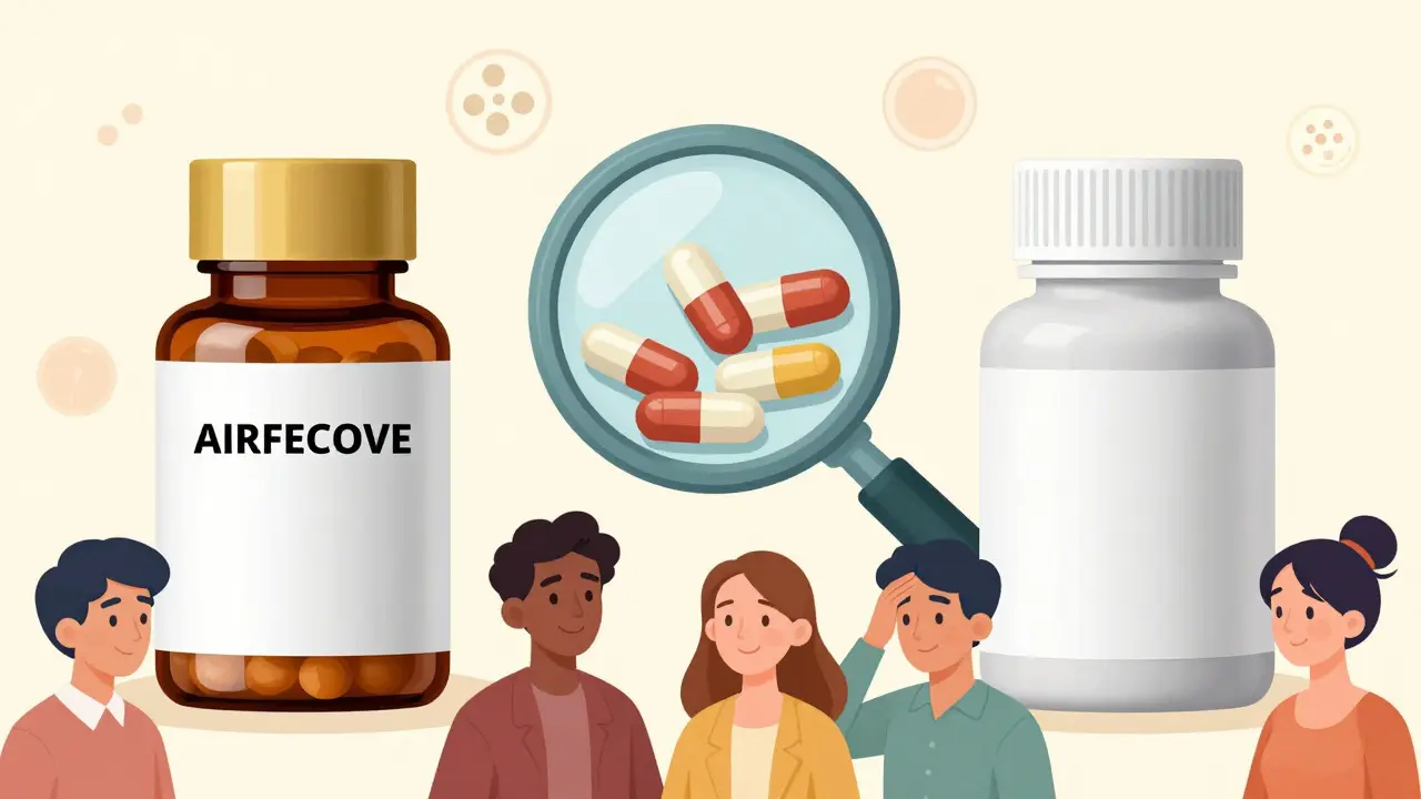 Cartoon comparing brand and generic pills showing identical active ingredients