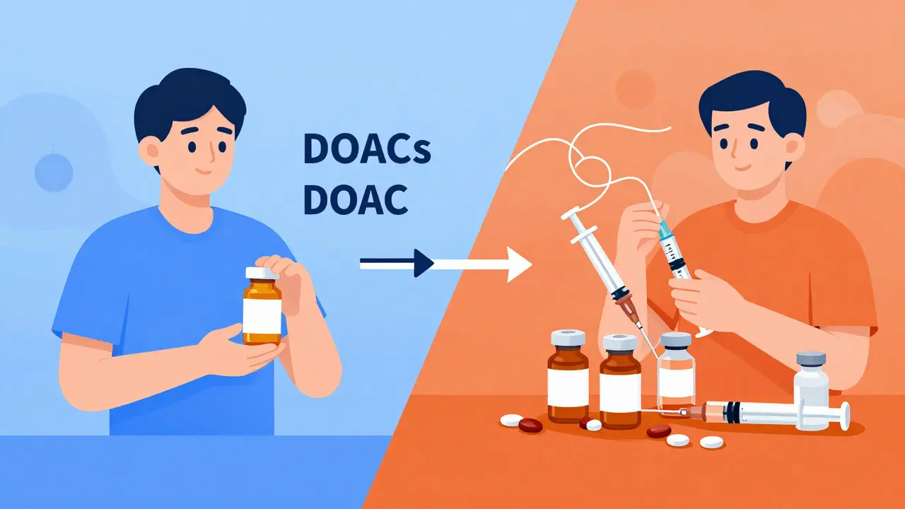 Cartoon comparing simple DOAC pause vs complex warfarin bridging protocols.