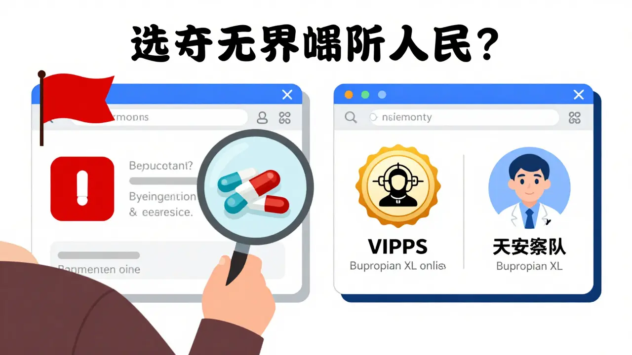 Cartoon detective checking for safe vs unsafe online pharmacy signs