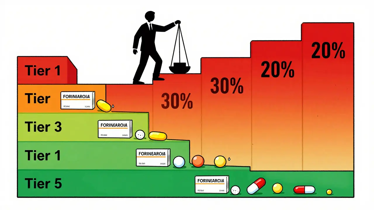 Cartoon ladder showing rising drug costs across different insurance tiers