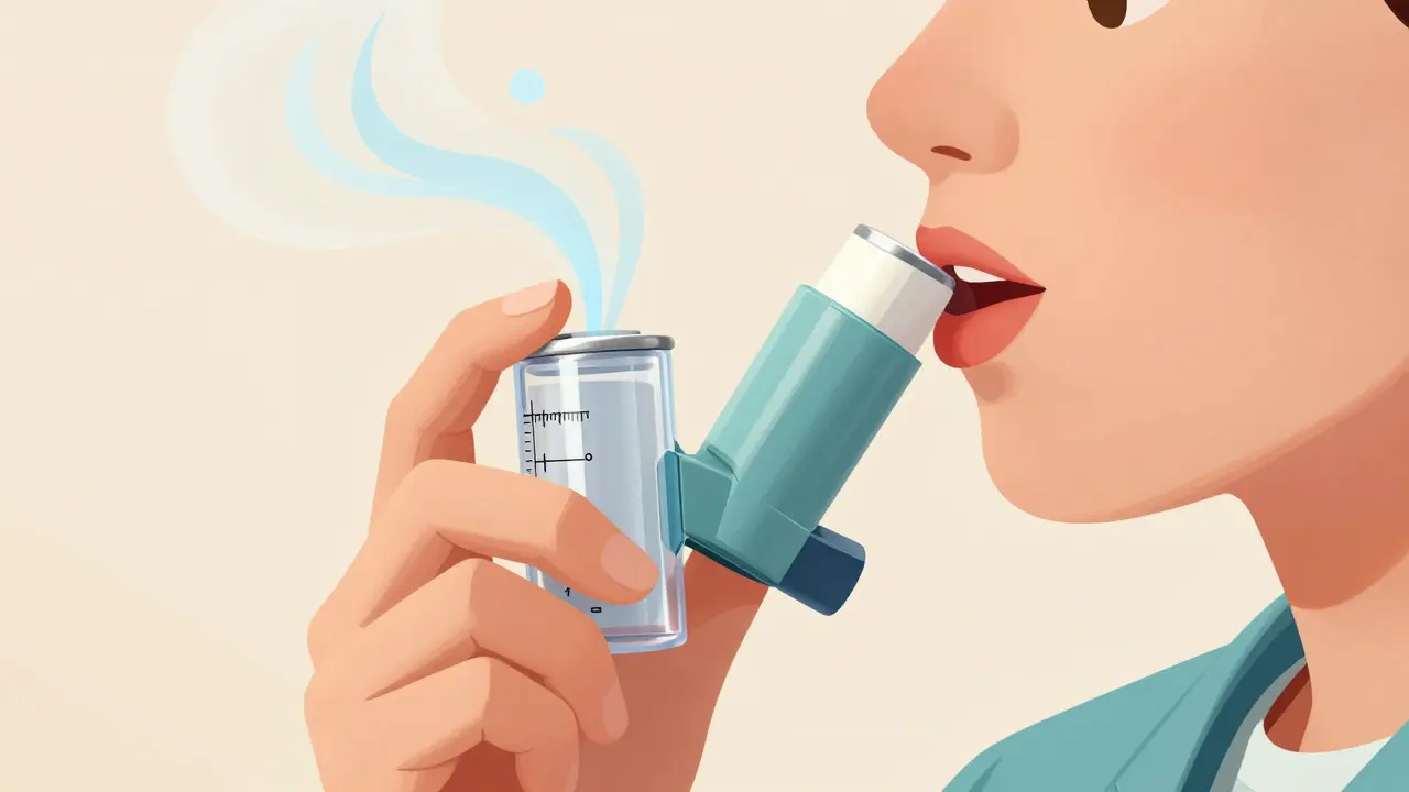 Cartoon showing correct inhaler technique with a spacer device