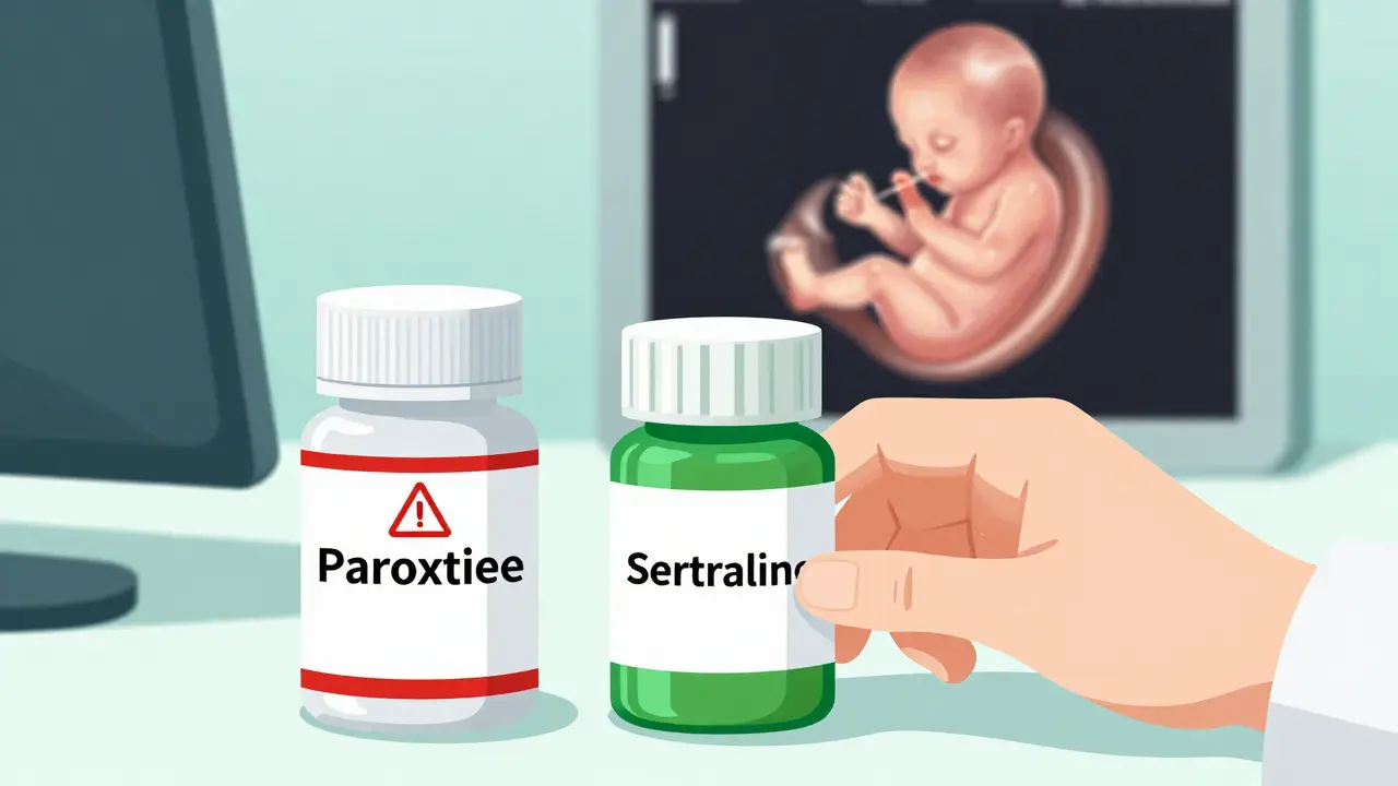 Cartoon showing safe vs unsafe antidepressant choices for pregnancy with a doctor's guidance.