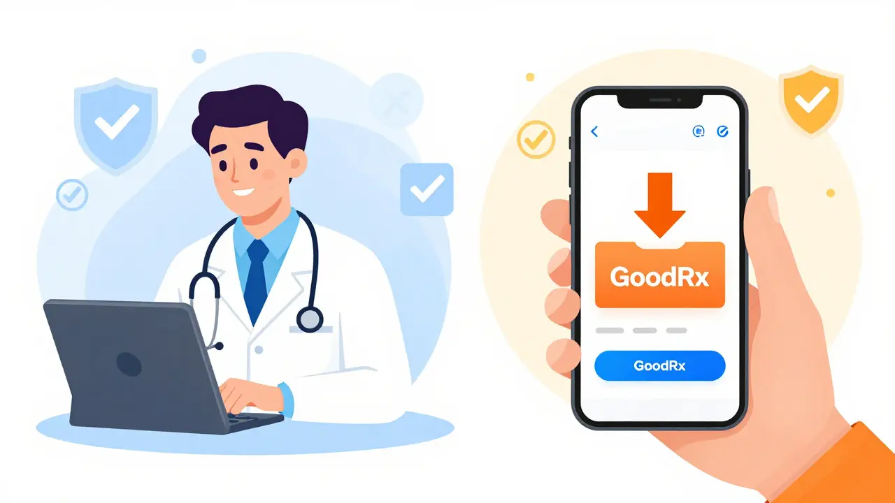 Cartoon showing telemedicine consultation and coupon app for safe online pharmacy