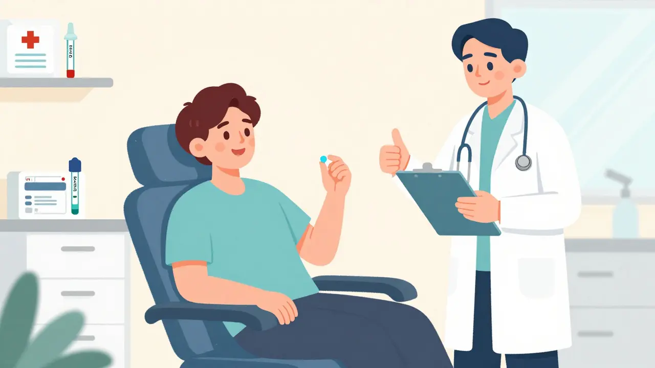 Happy patient taking antibiotic pill during supervised oral challenge test