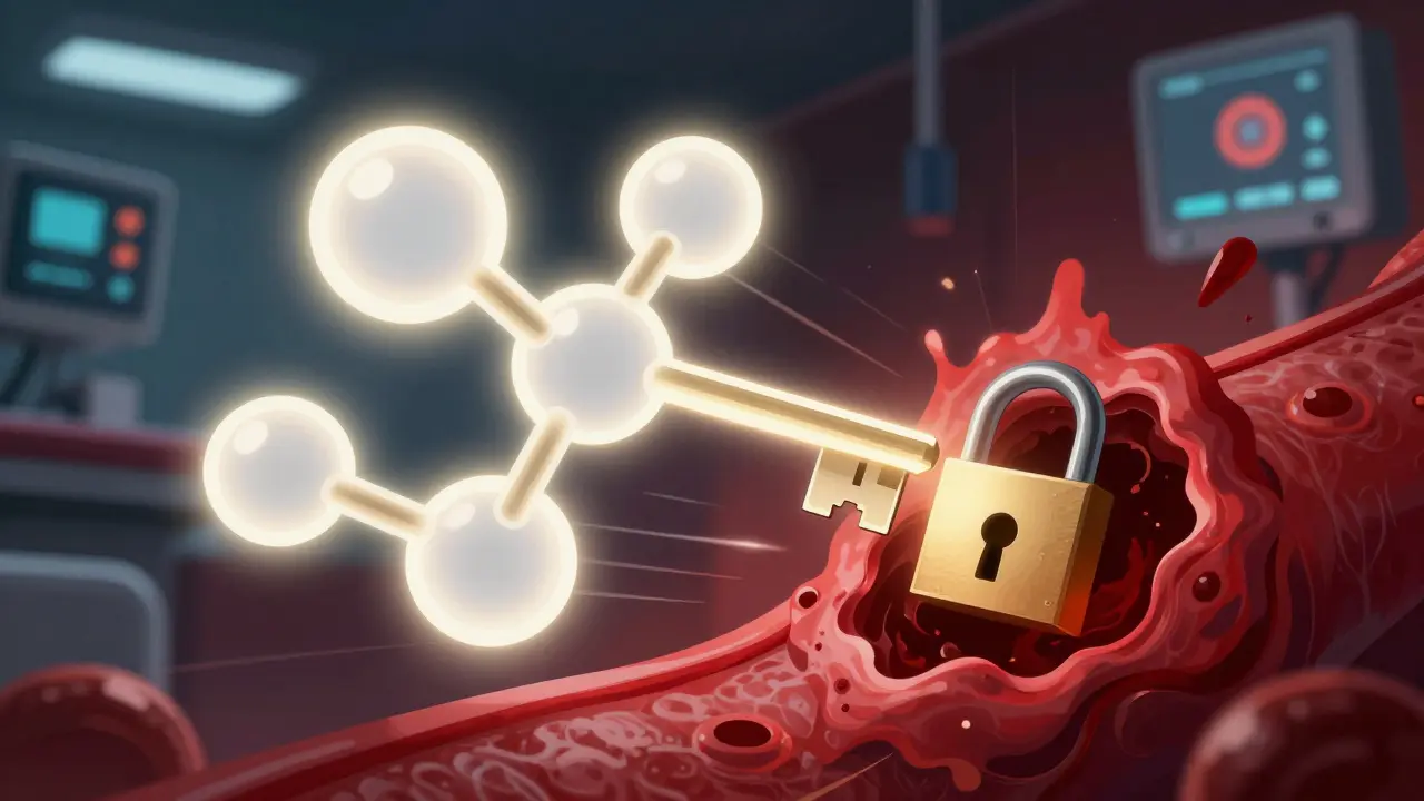 Illustration of a molecular antidote neutralizing a dangerous blood clot.