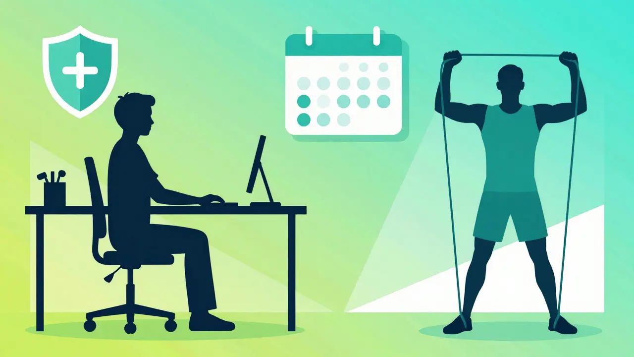 Illustration of ergonomic posture and resistance band rehab