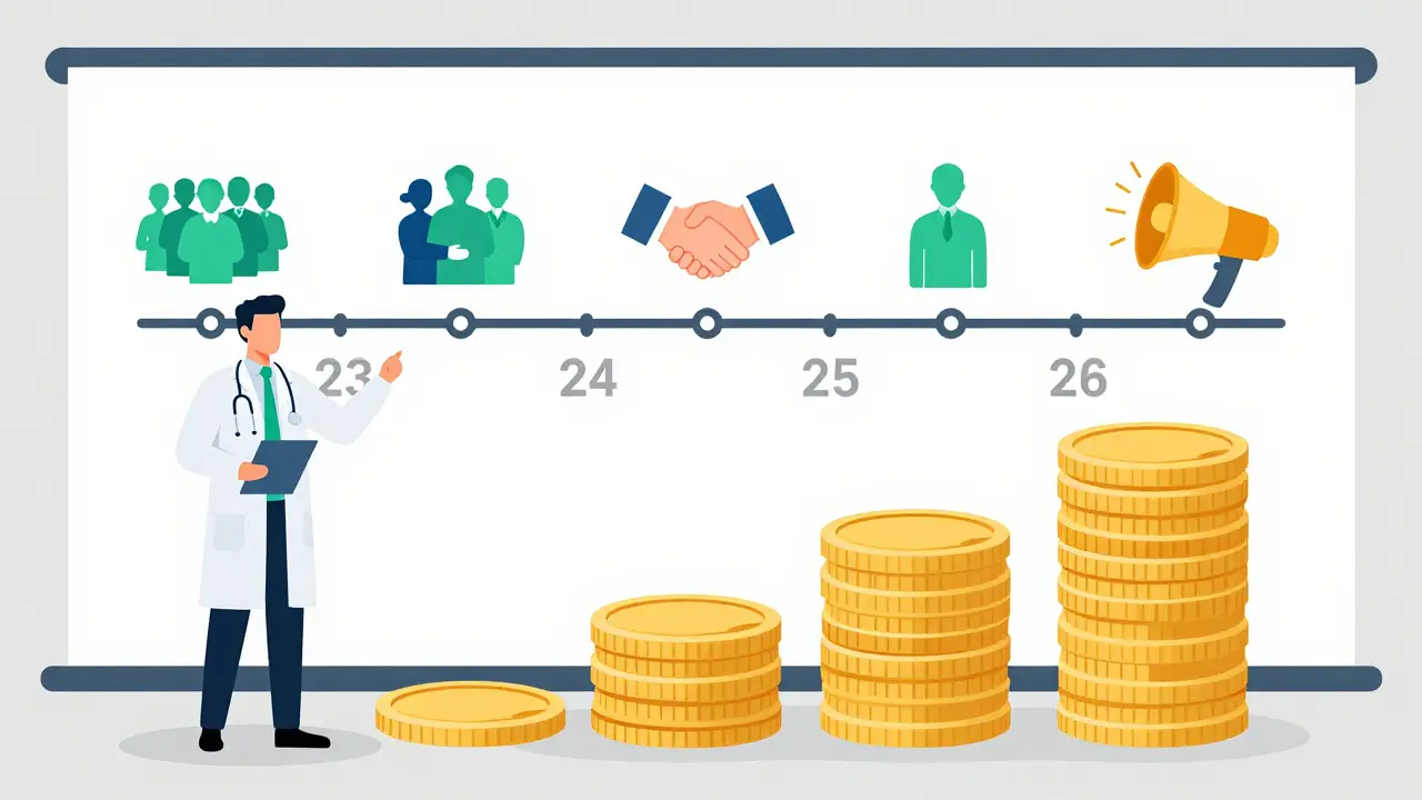 Illustration of healthcare staff planning drug transitions on a timeline