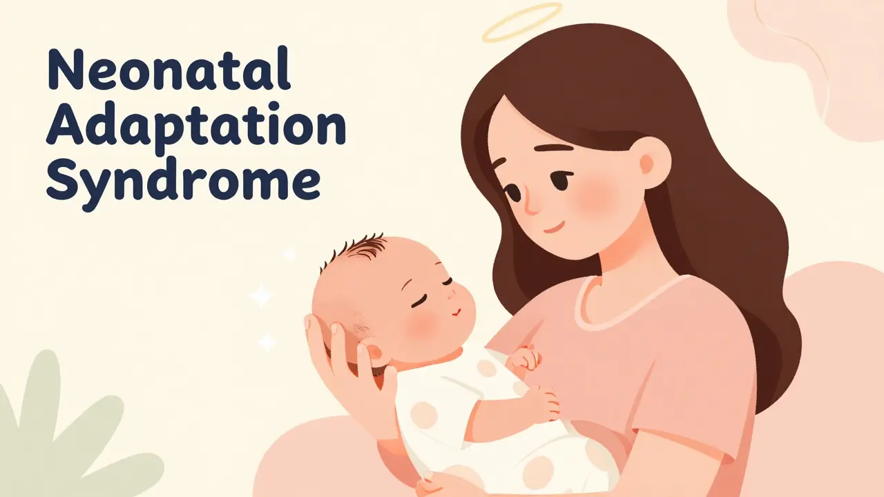 Illustration of mother and newborn, depicting manageable neonatal adaptation symptoms.