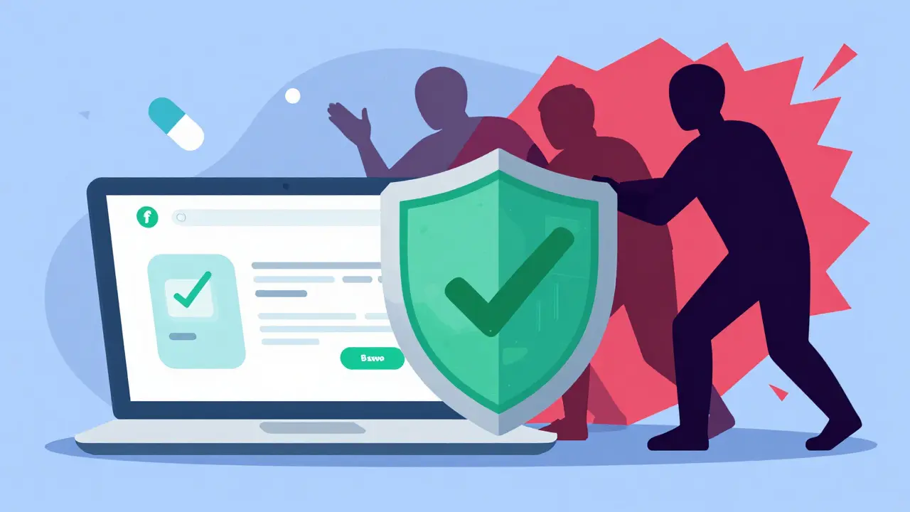 Illustration of safe online pharmacy shield blocking scam websites