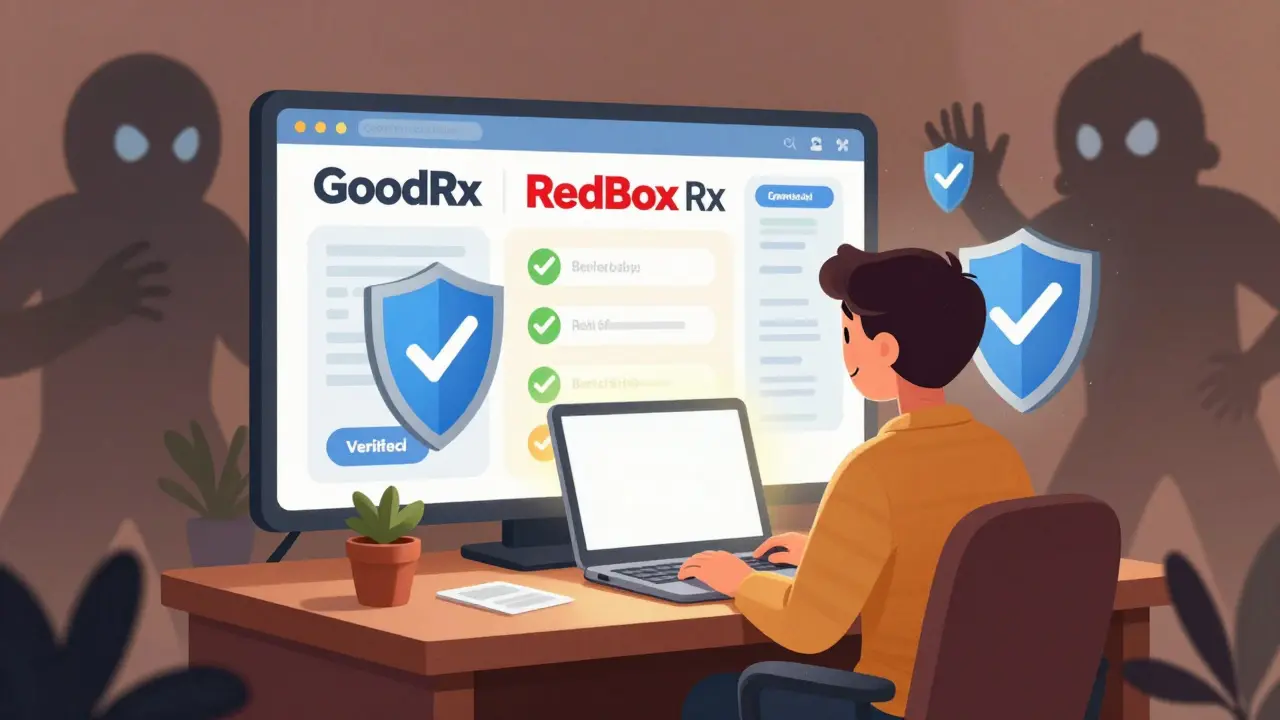 Illustration of safe online pharmacy shopping with security shields