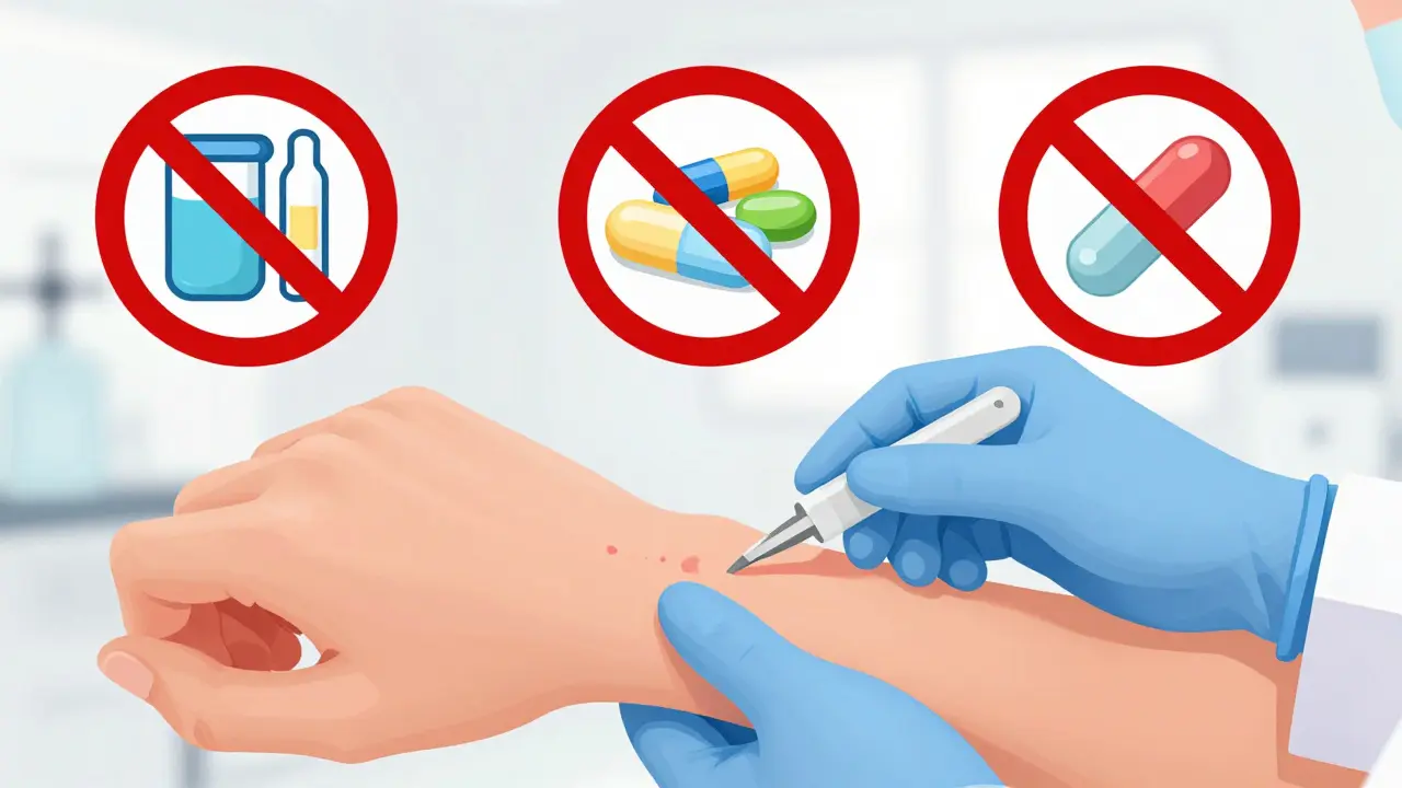 Illustration of skin prick test with prohibited antihistamine pills nearby