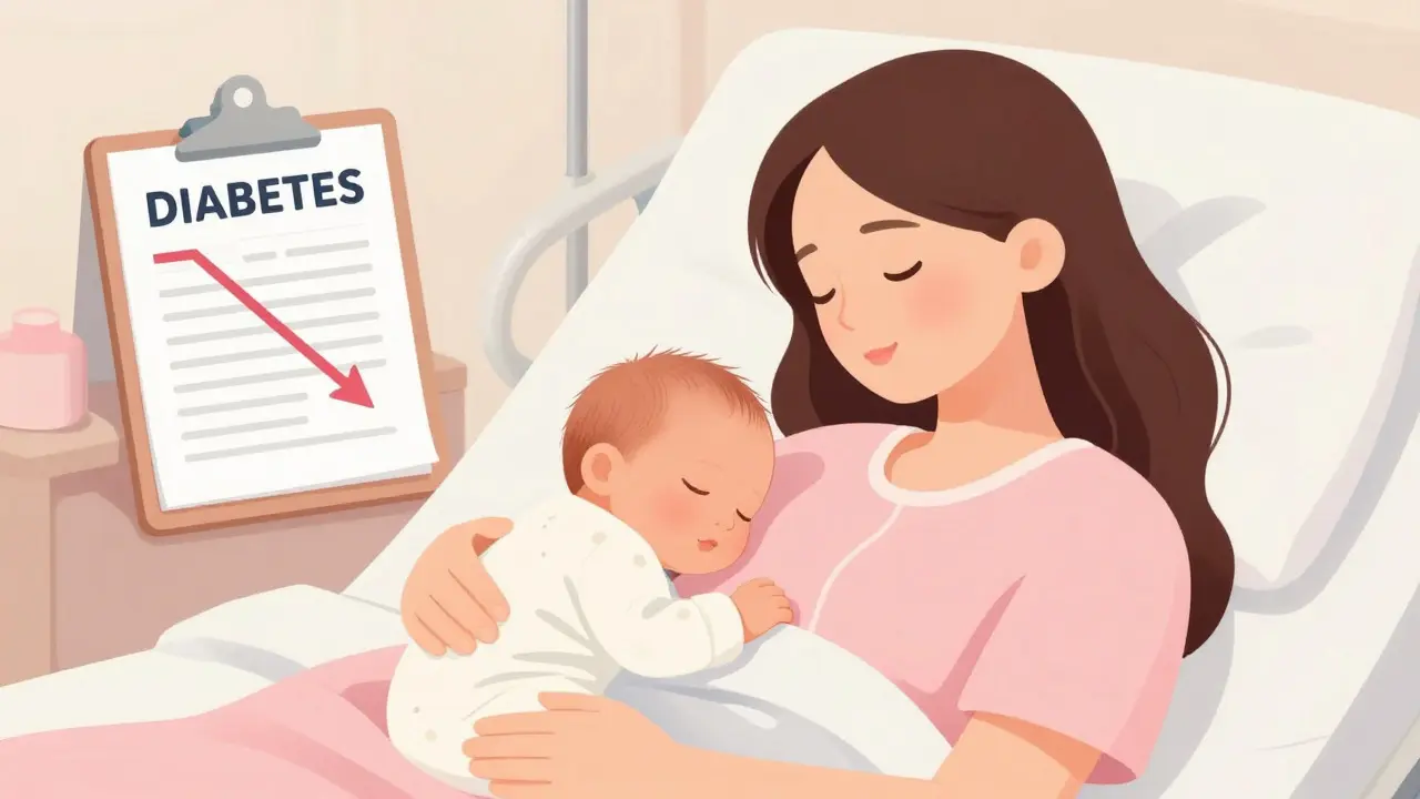 New mother and baby resting, symbolizing postpartum diabetes management.