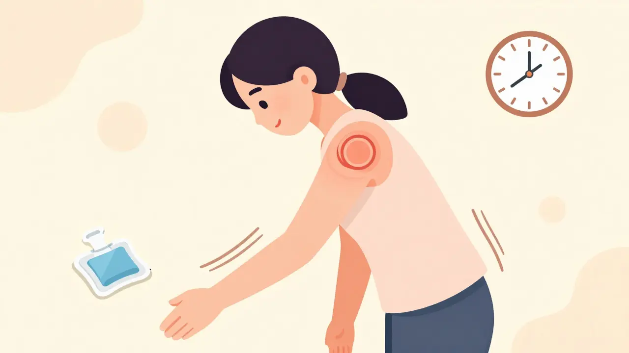 Person doing gentle pendulum shoulder exercises with ice pack
