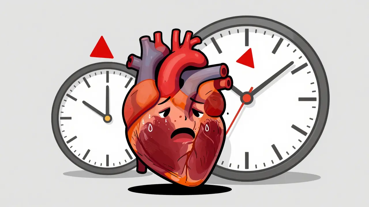Stressed cartoon heart with overlapping clocks showing drug timelines.
