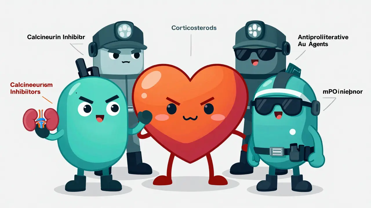 Cartoon characters representing different drug classes guarding a heart symbol.