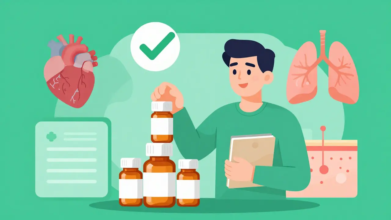 Cartoon showing a person organizing medication logs and bottles with a checkmark symbol