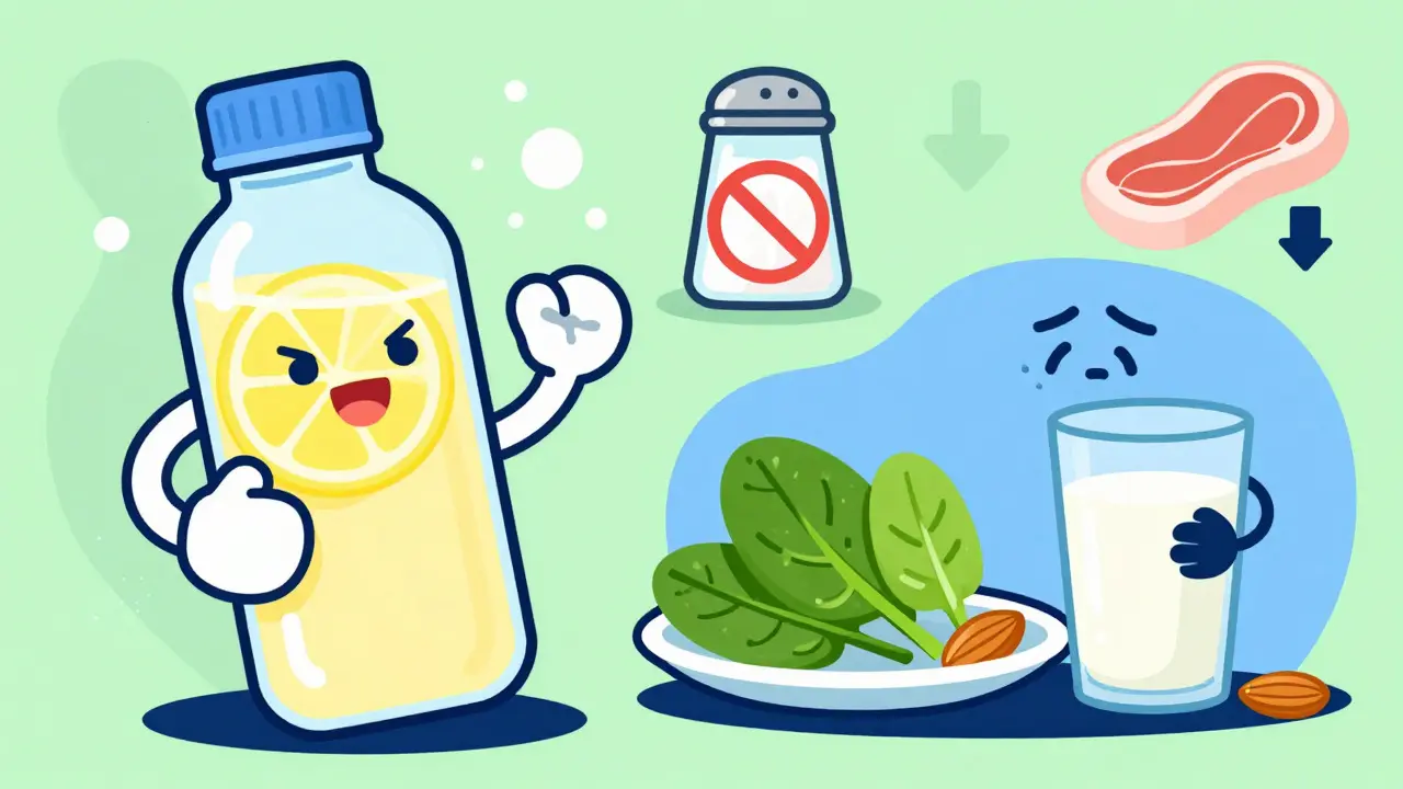 Character drinking lemon water and balancing calcium-rich foods.