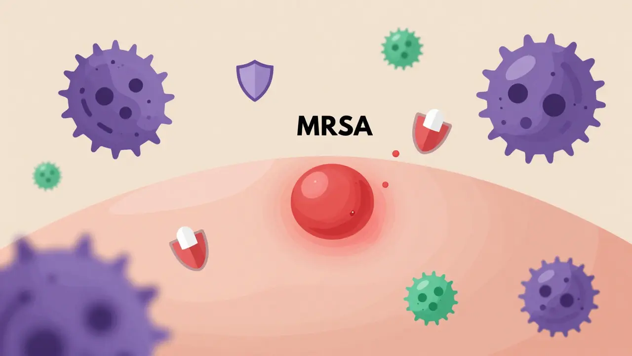 Close up of skin abscess with bacteria resisting antibiotic pills