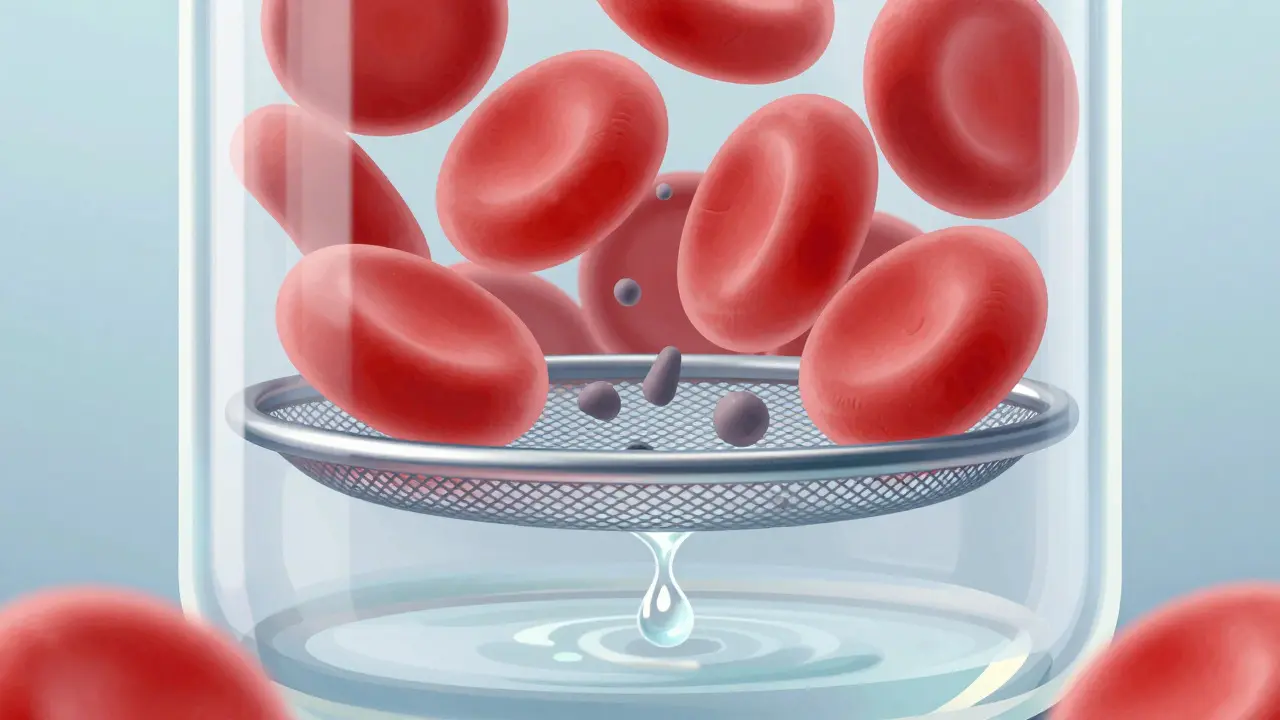 Conceptual art showing blood filtration through kidney filters