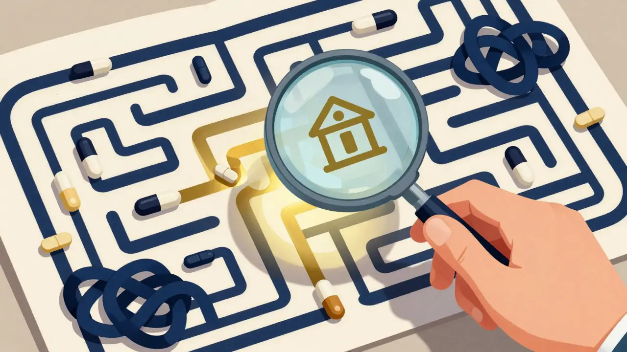 Hand using magnifying glass to navigate a maze made of pills