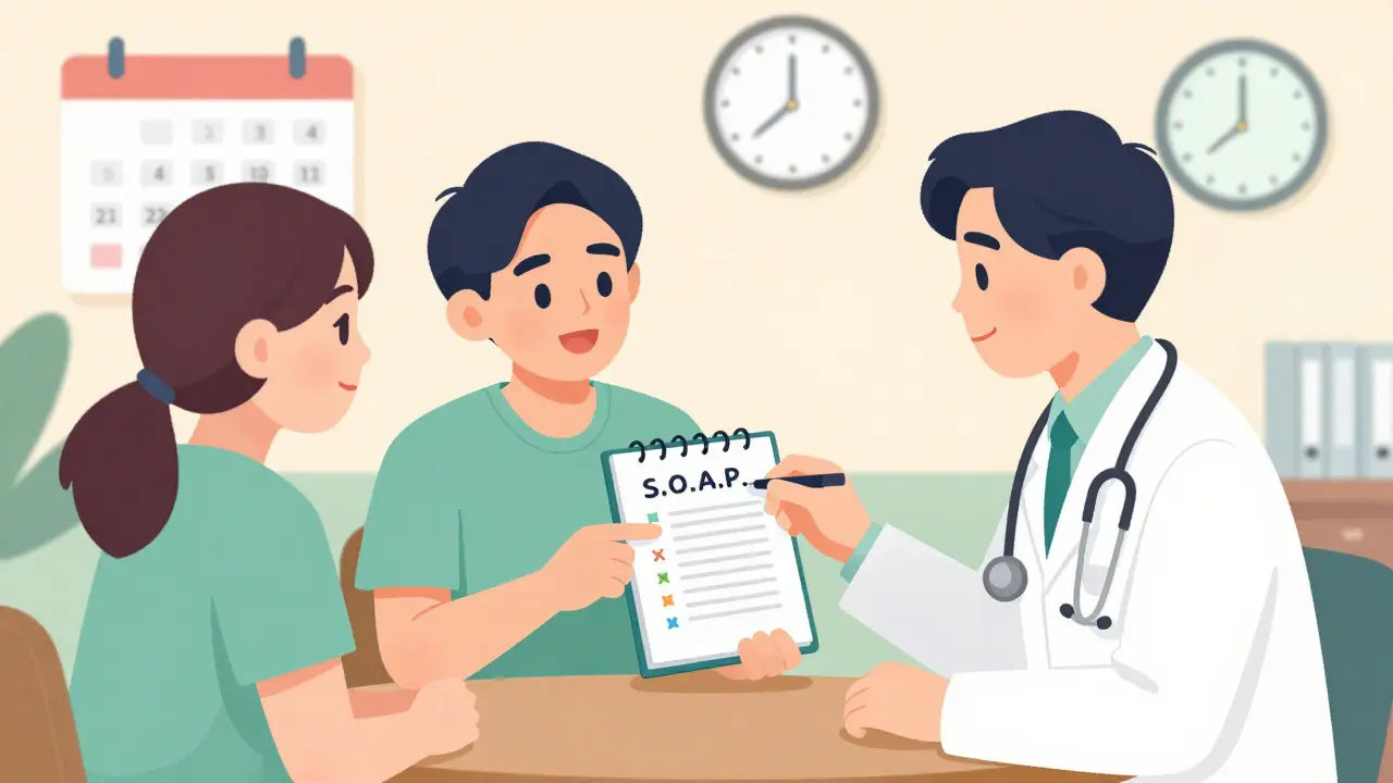 Illustration of a doctor and patient discussing symptoms using a notebook in a clinic