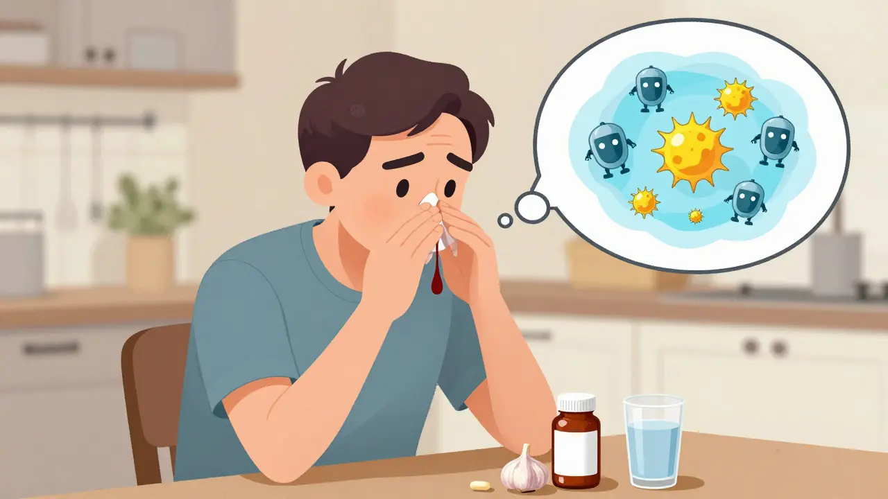 Illustration of a person with a nosebleed thinking about deactivated platelets