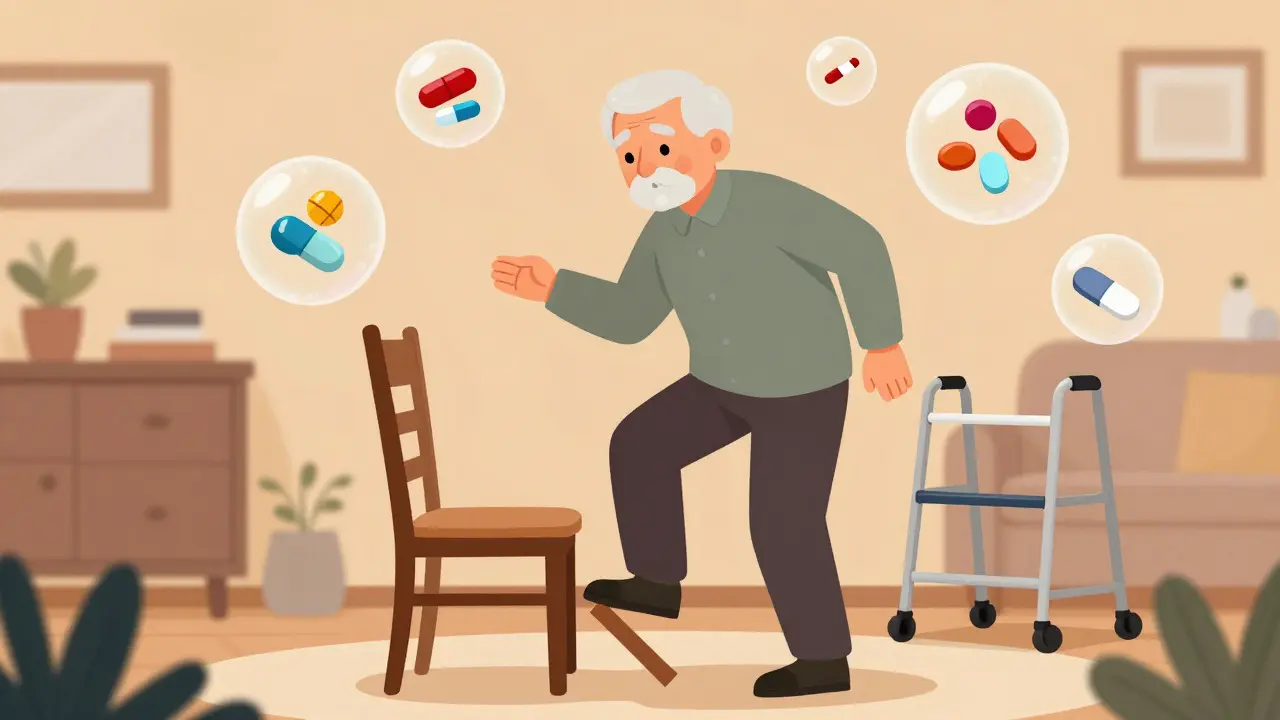 Illustration of an elderly person cautiously standing up near a pile of pills