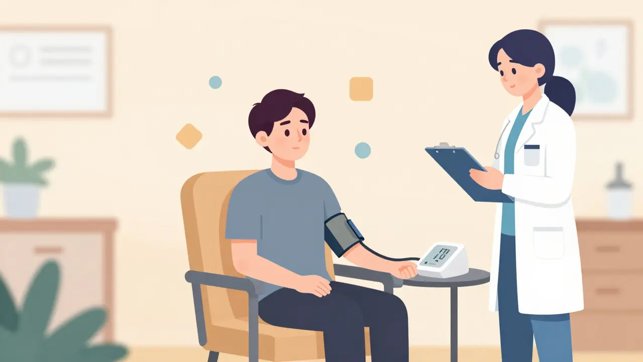 Patient experiencing mild dissociation while nurse checks blood pressure
