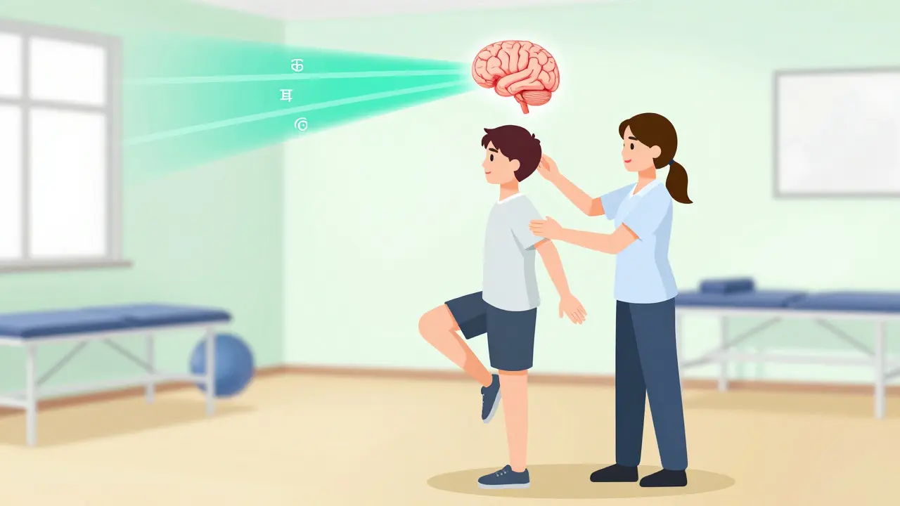 Person doing balance exercises with a therapist, showing mental clarity