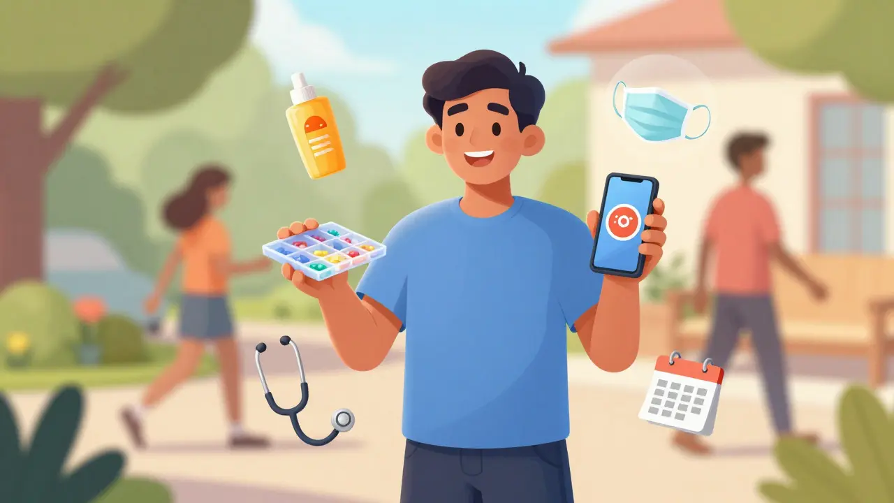Person holding pill organizer and phone, surrounded by health safety icons.