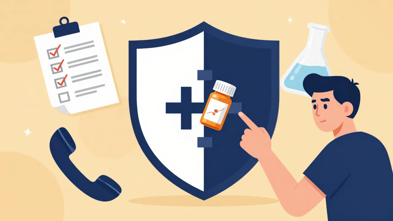 Person inspecting a damaged pill bottle seal while pointing toward a protective health shield