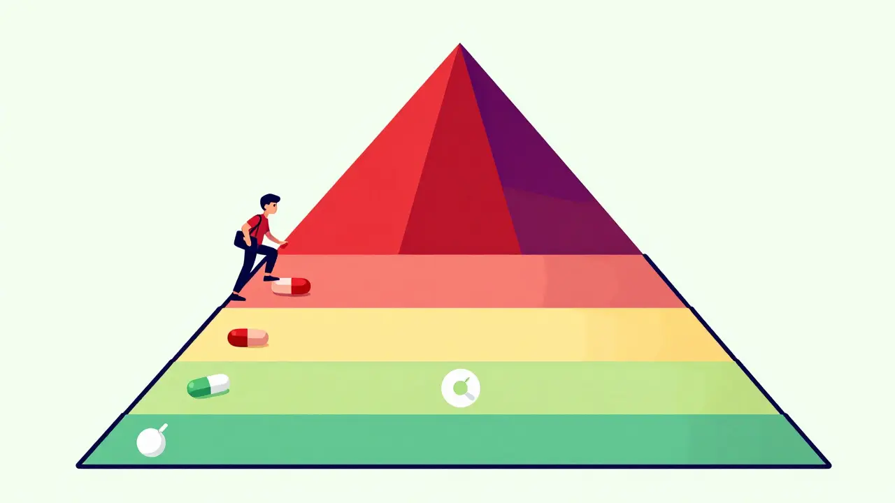 Pyramid illustration showing rising costs of prescription drug tiers
